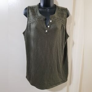 Lily Morgan Olive Sleeveless Lace Detail Henley Top  XL
